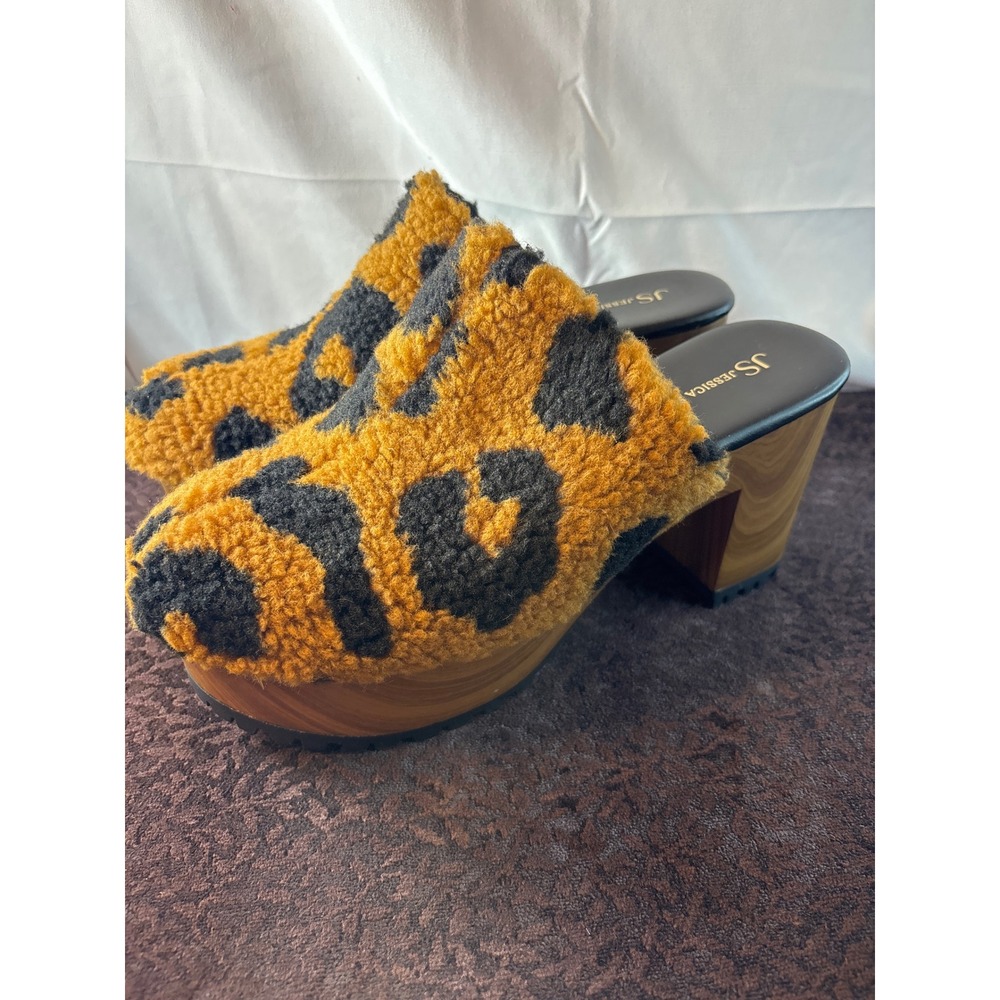 Jessica Simpson Tyvah Leopard Faux Shearling Platform Clogs Mules Natural 9M